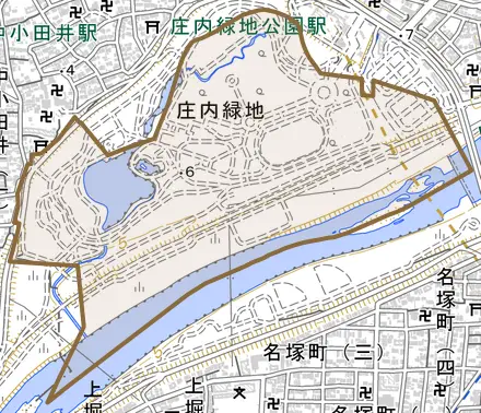 山田町大字中小田井とその周辺の地図。町の範囲を重ねている