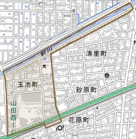 玉池町とその周辺の地図。町の範囲を重ねている