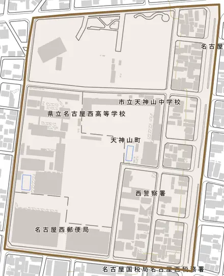 天神山町とその周辺の地図。町の範囲を重ねている