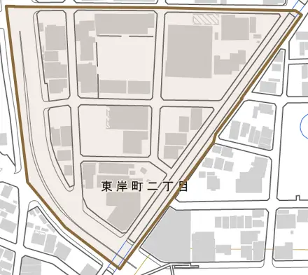 東岸町とその周辺の地図。町の範囲を重ねている
