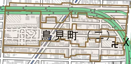 鳥見町とその周辺の地図。町の範囲を重ねている