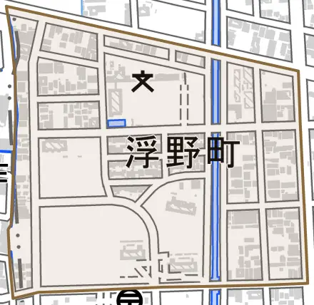 浮野町とその周辺の地図。町の範囲を重ねている