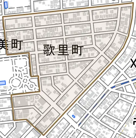歌里町とその周辺の地図。町の範囲を重ねている
