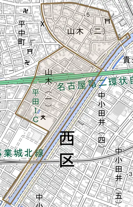 山木とその周辺の地図。町の範囲を重ねている
