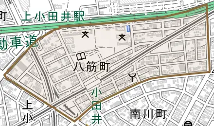 八筋町とその周辺の地図。町の範囲を重ねている