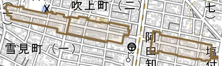 曙町とその周辺の地図。町の範囲を重ねている