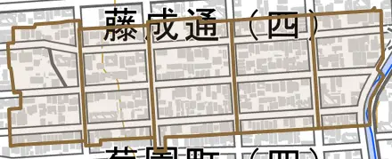 荒田町とその周辺の地図。町の範囲を重ねている