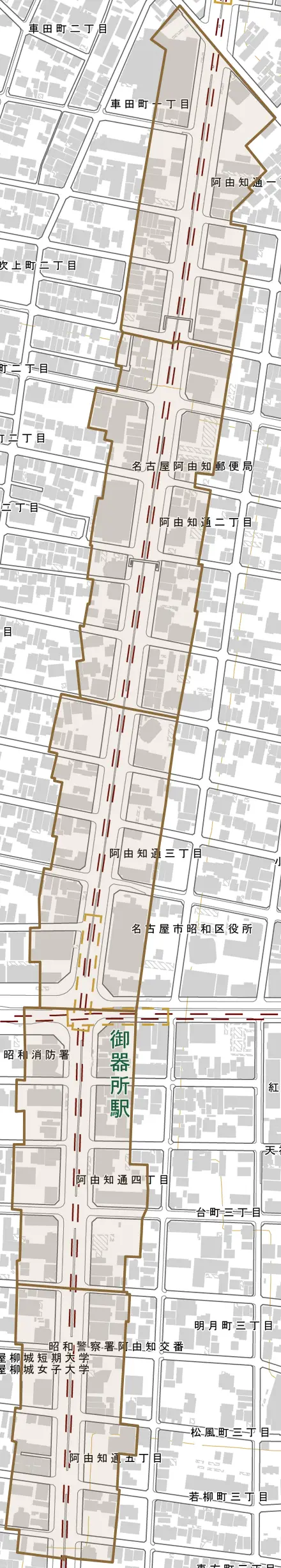 阿由知通とその周辺の地図。町の範囲を重ねている