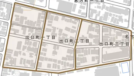 出口町とその周辺の地図。町の範囲を重ねている