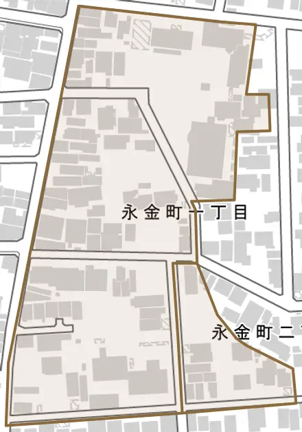 永金町とその周辺の地図。町の範囲を重ねている