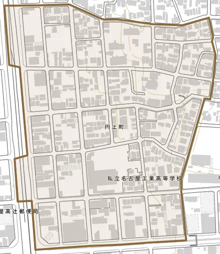円上町とその周辺の地図。町の範囲を重ねている