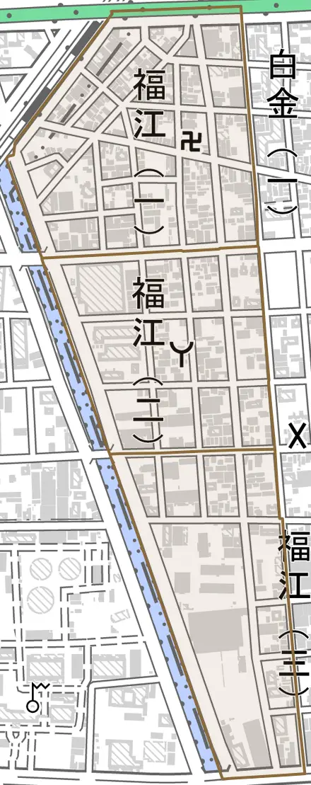 福江とその周辺の地図。町の範囲を重ねている
