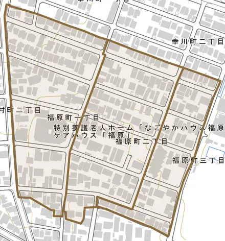 福原町とその周辺の地図。町の範囲を重ねている