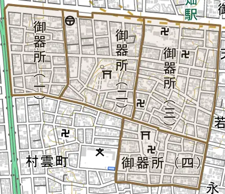 御器所とその周辺の地図。町の範囲を重ねている