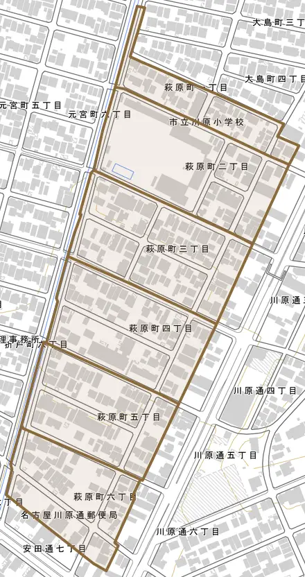 萩原町とその周辺の地図。町の範囲を重ねている