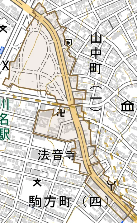 花見通とその周辺の地図。町の範囲を重ねている