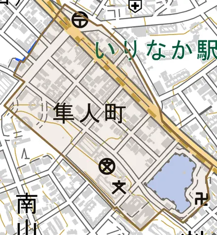 隼人町とその周辺の地図。町の範囲を重ねている