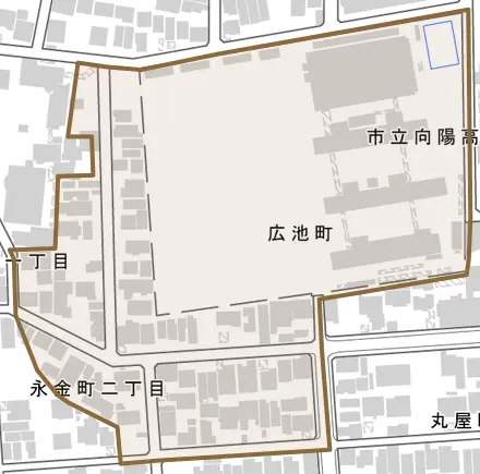 広池町とその周辺の地図。町の範囲を重ねている