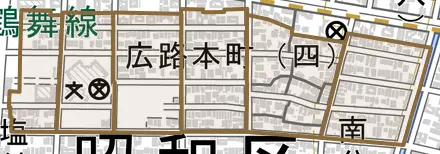 広路本町とその周辺の地図。町の範囲を重ねている