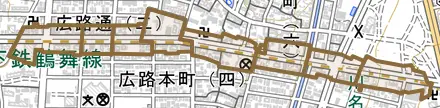 広路通とその周辺の地図。町の範囲を重ねている