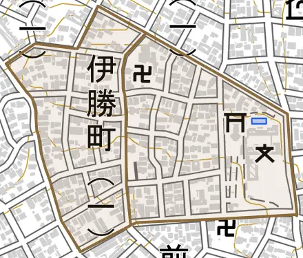 伊勝町とその周辺の地図。町の範囲を重ねている
