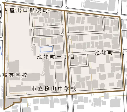 池端町とその周辺の地図。町の範囲を重ねている