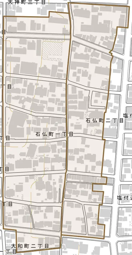 石仏町とその周辺の地図。町の範囲を重ねている