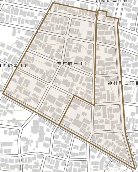 神村町とその周辺の地図。町の範囲を重ねている