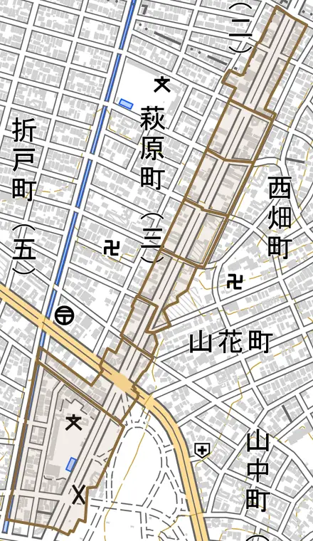 川原通とその周辺の地図。町の範囲を重ねている