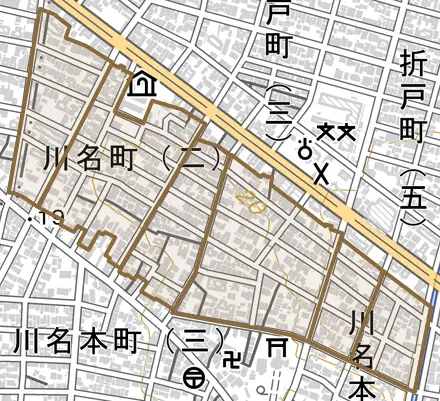 川名町とその周辺の地図。町の範囲を重ねている