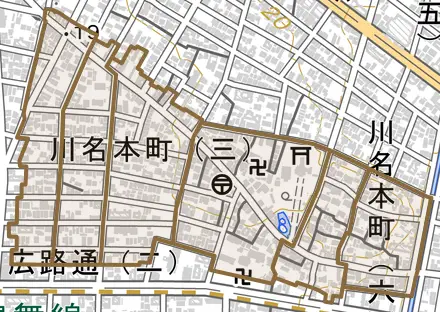 川名本町とその周辺の地図。町の範囲を重ねている