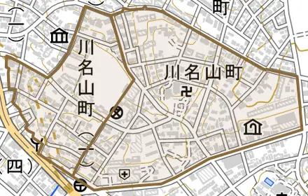 川名山町とその周辺の地図。町の範囲を重ねている