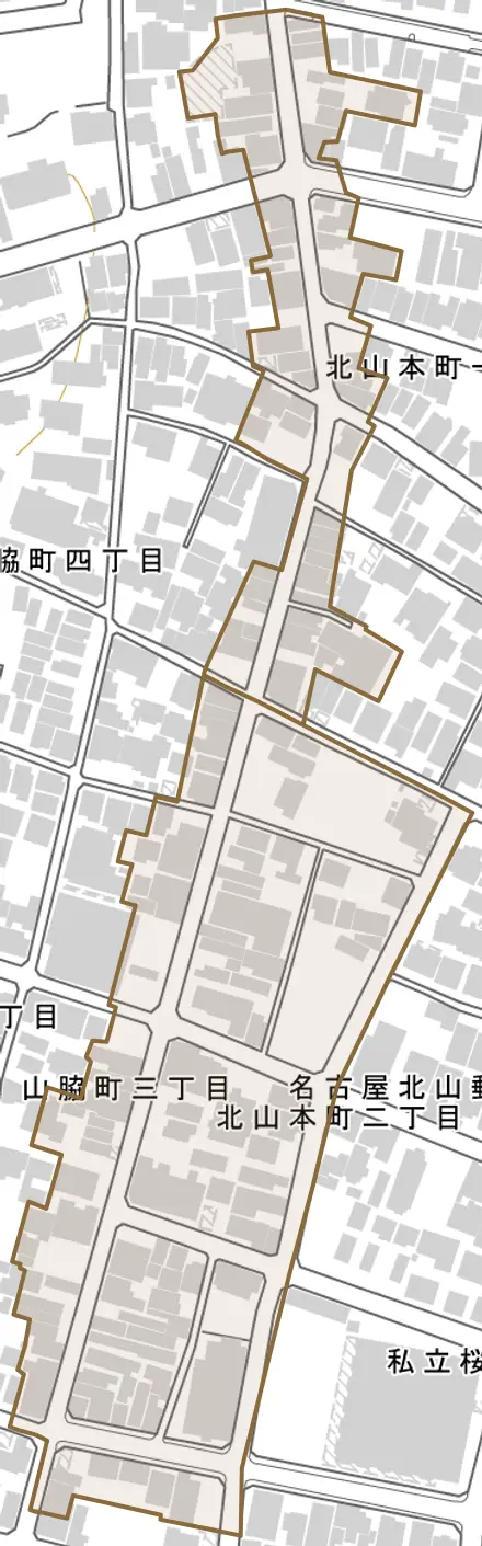 北山本町とその周辺の地図。町の範囲を重ねている