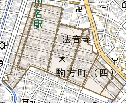 駒方町とその周辺の地図。町の範囲を重ねている