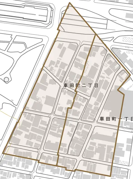 車田町とその周辺の地図。町の範囲を重ねている