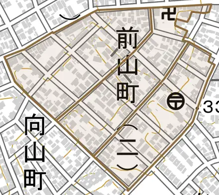 前山町とその周辺の地図。町の範囲を重ねている