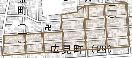 丸屋町とその周辺の地図。町の範囲を重ねている