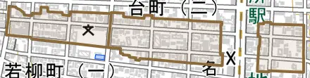 明月町とその周辺の地図。町の範囲を重ねている