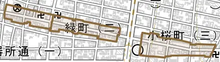 緑町とその周辺の地図。町の範囲を重ねている