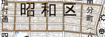 南分町とその周辺の地図。町の範囲を重ねている
