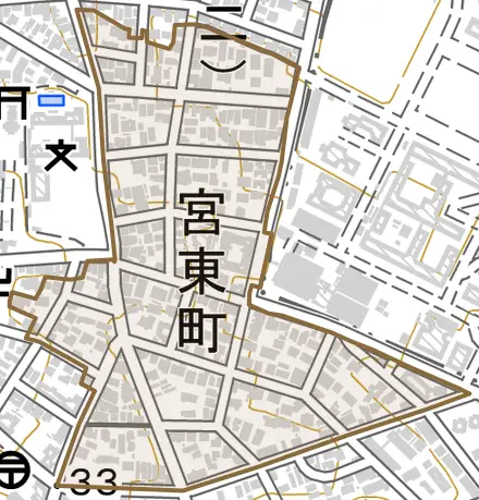 宮東町とその周辺の地図。町の範囲を重ねている