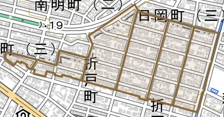 元宮町とその周辺の地図。町の範囲を重ねている