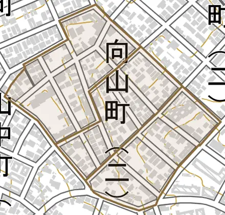 向山町とその周辺の地図。町の範囲を重ねている