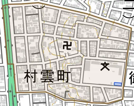 村雲町とその周辺の地図。町の範囲を重ねている