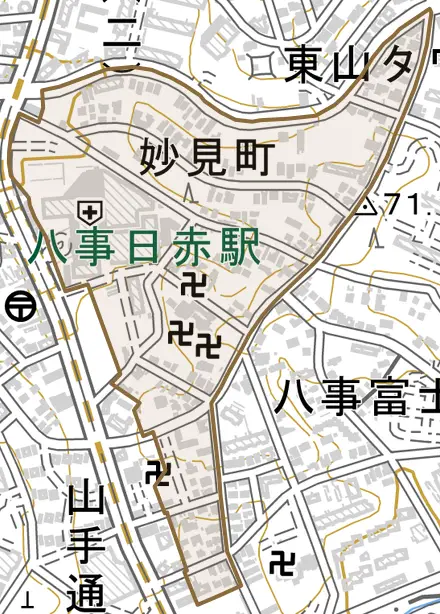 妙見町とその周辺の地図。町の範囲を重ねている
