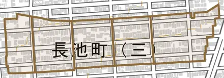長池町とその周辺の地図。町の範囲を重ねている