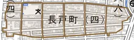 長戸町とその周辺の地図。町の範囲を重ねている