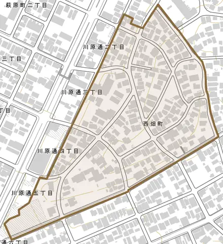 西畑町とその周辺の地図。町の範囲を重ねている