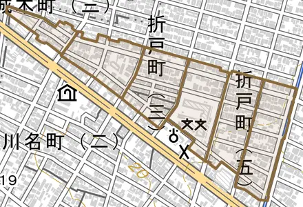 折戸町とその周辺の地図。町の範囲を重ねている