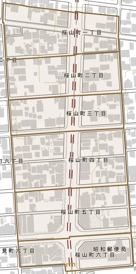 桜山町とその周辺の地図。町の範囲を重ねている